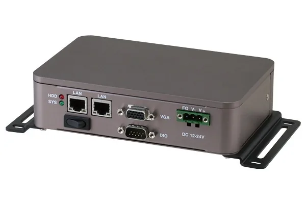 AAEON BOXER-6404U nhìn mặt sau với hai cổng LAN, VGA, cổng DIO, đầu nguồn DC 12-24V và hai tai bắt tường