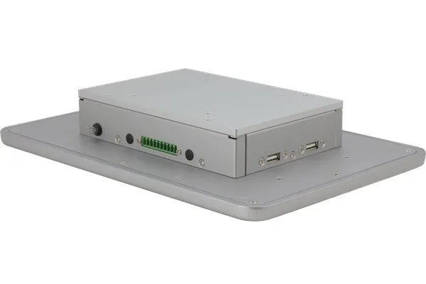 Mặt sau máy tính cảm ứng công nghiệp AAEON ACP-2106 với hộp máy nhỏ, cầu đấu nguồn và cổng USB